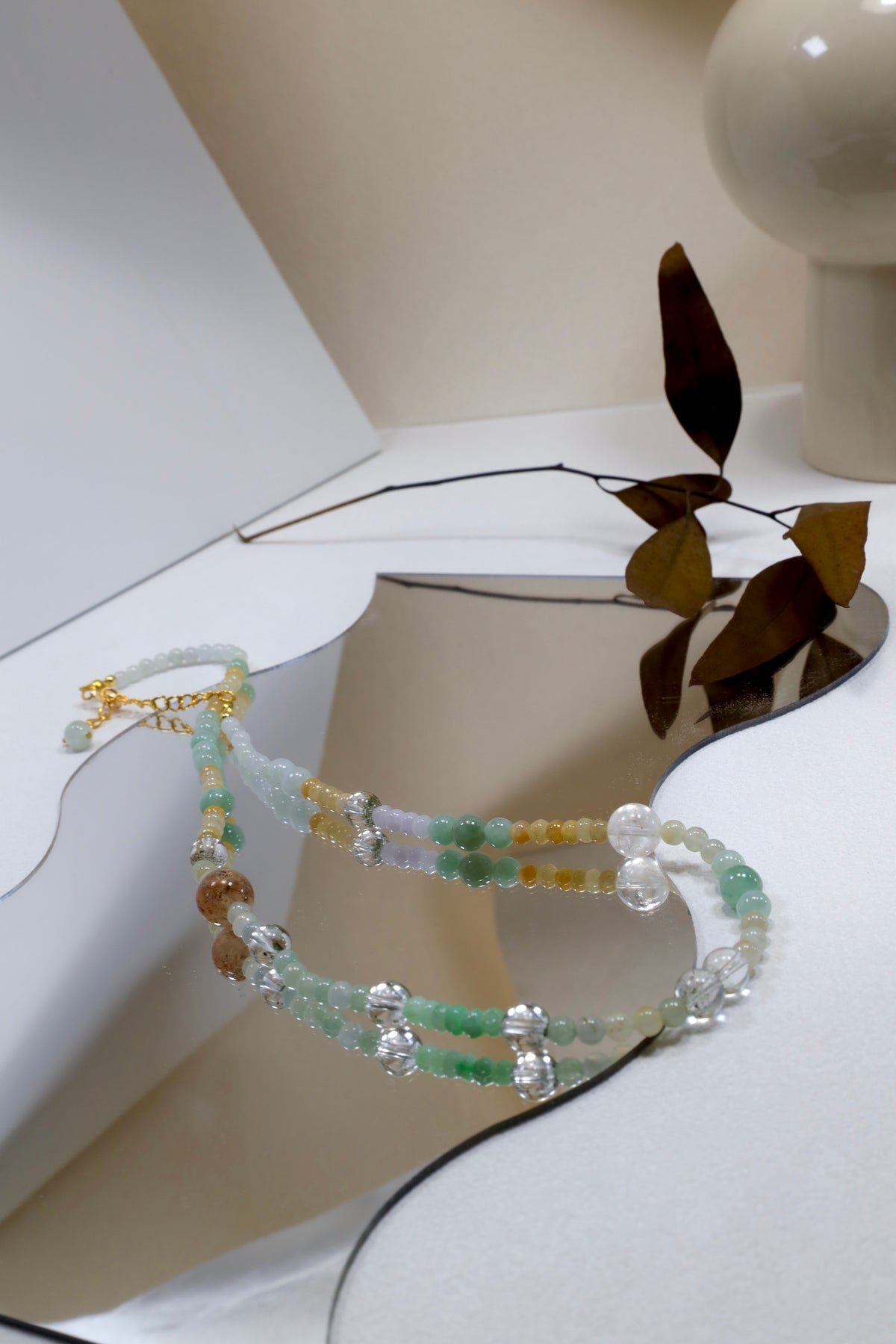 Handmade Two-Strand Necklace with Natural Burmese Jade and Crystal Beads