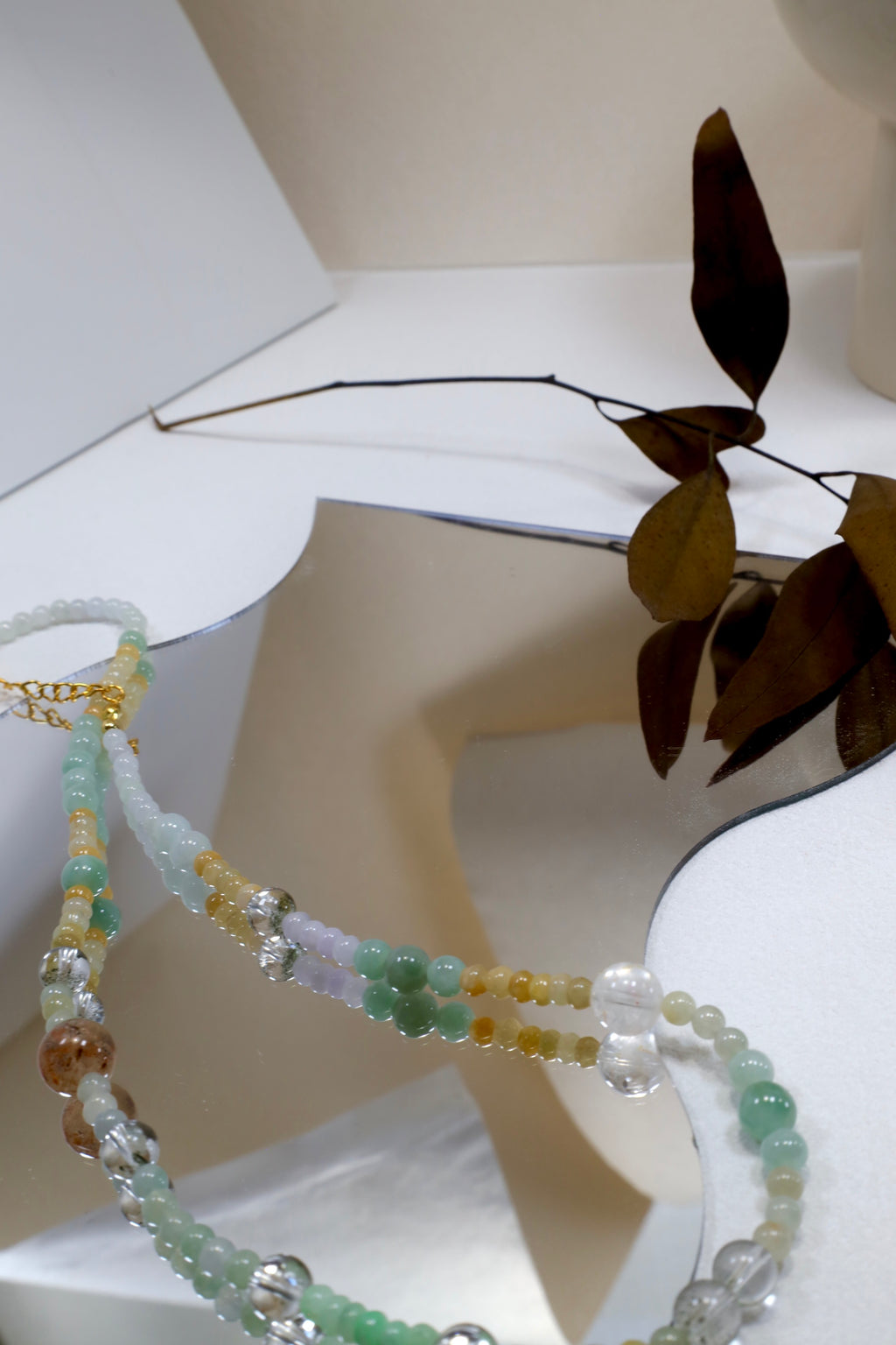 Handmade Two-Strand Necklace with Natural Burmese Jade and Crystal Beads