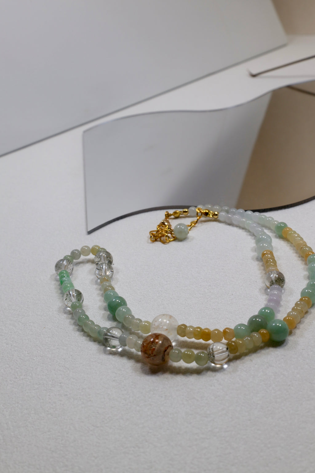 Handmade Two-Strand Necklace with Natural Burmese Jade and Crystal Beads