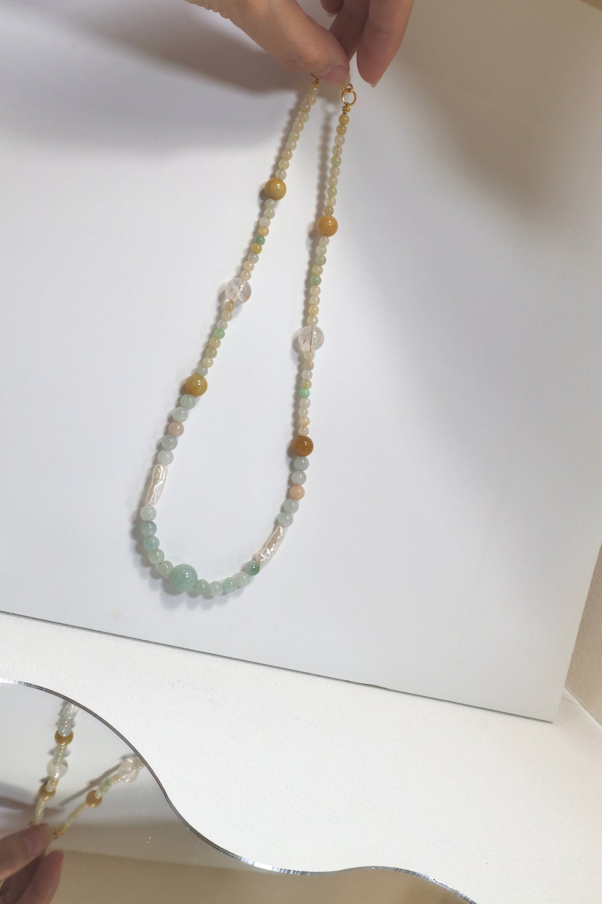 Handmade Burmese Jade, Freshwater Pearl & Crystal Necklace
